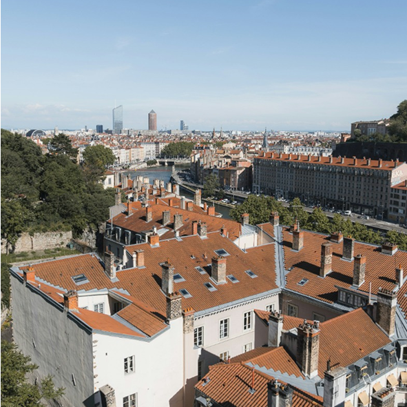 Vue panoramique de Lyon avec toits et bâtiments historiques.